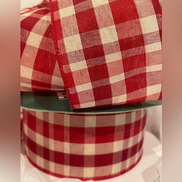 2.5" Wired GINGHAM Ribbon 2-Tone RED Beige Buffalo plaid gingham check! - Picture 4 of 5